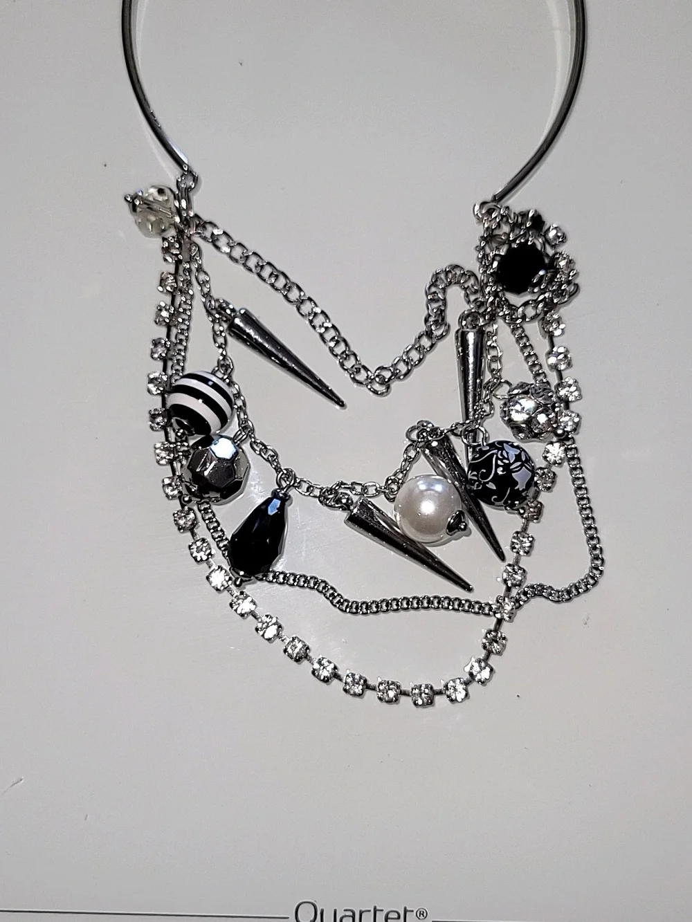 Edgy Glam Charm Bangle Bracelet Silver Tone Spikes Pearls Rhinestones
